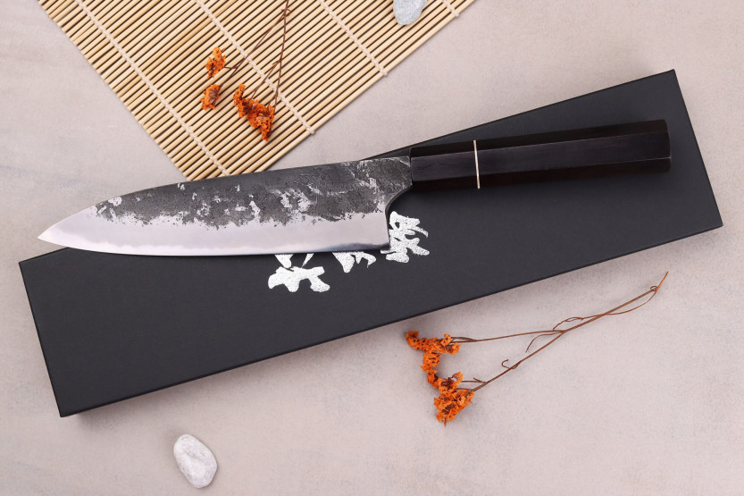 Naoki Mazaki WS2 Black Nashiji 18cm Japans handgemaakt gyuto mes