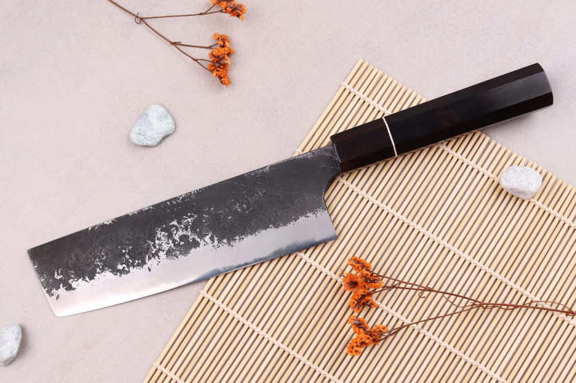 nakiri veitsi 16,5cm Japonais artisanal Naoki Mazaki WS2 Musta Nashiji
