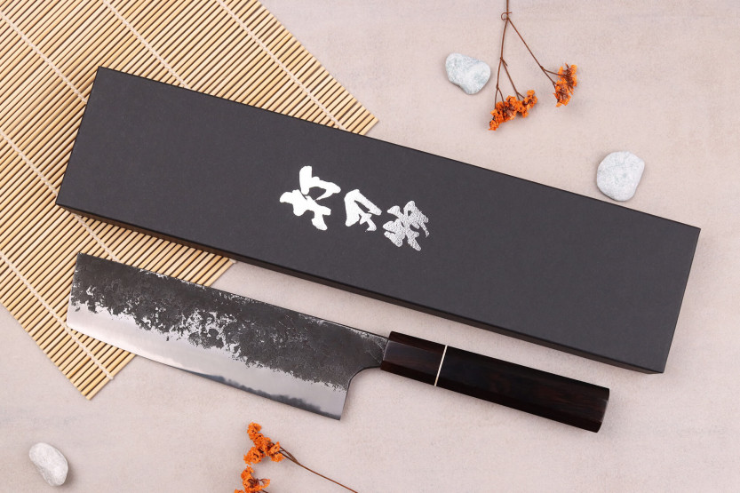 cuchillo nakiri 16,5cm Japonais artisanal Naoki Mazaki WS2 Negro Nashiji