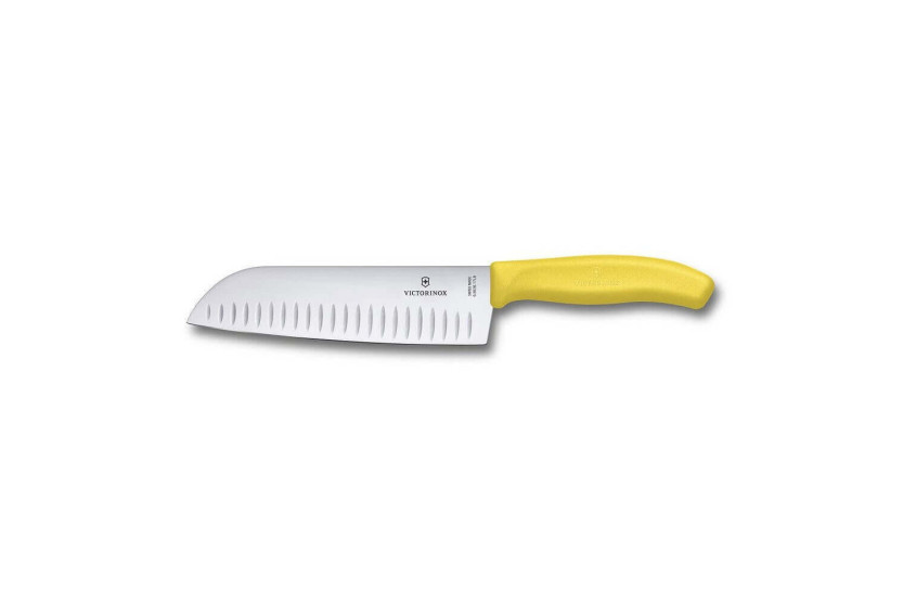 faca santoku Victorinox faca santoku com lâmina com convinhasem aço inoxidável de 17 cm e cabo amarelo 6.8526.17L8