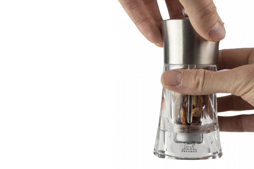 Peugeot Ouessant stainless steel and acrylic manual pepper mill 14cm
