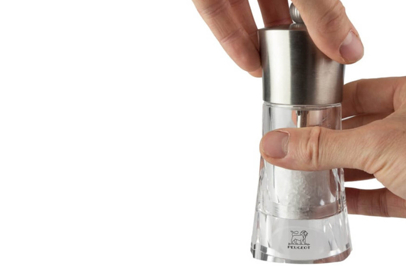 Peugeot Ouessant manual dry salt mill in stainless steel and acrylic 14cm