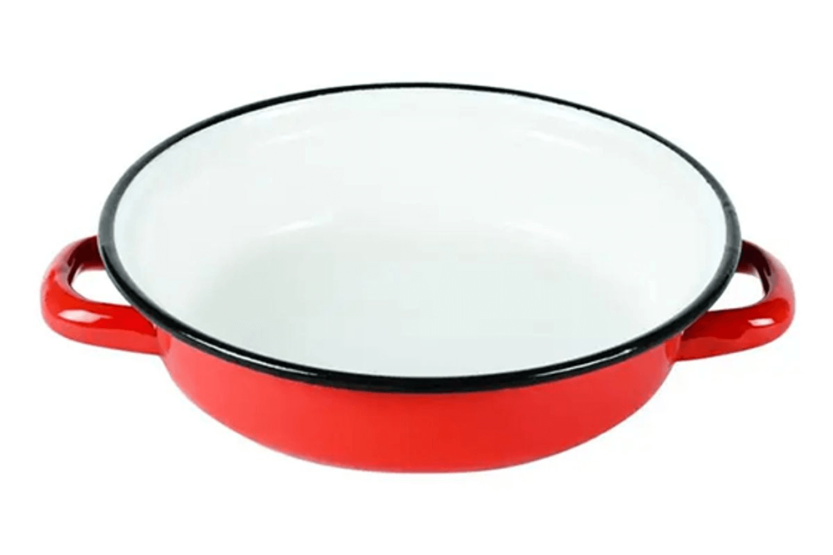 Beka egg dish in old-fashioned red enamelled steel