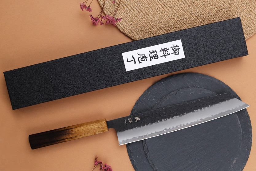 24cm handgjord japansk Kiritsuke kniv Yuzo Svart AS bränd ek
