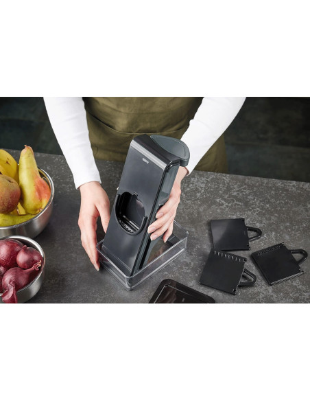 Gefu Stando vertikal køkkenmandolin med opsamlingsbeholder og låg