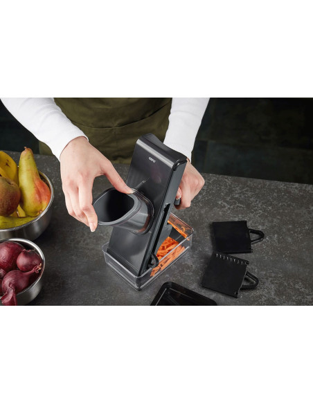 bandolim de cozinha vertical Gefu Stando com recipiente de recolha e tampa