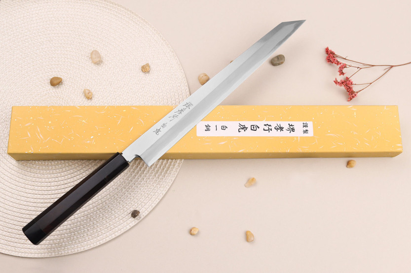 Sakai Takayuki Byakko 30 cm håndlaget japansk Yanagiba-kniv kiritsuke kniv ibenholt håndtak + slire
