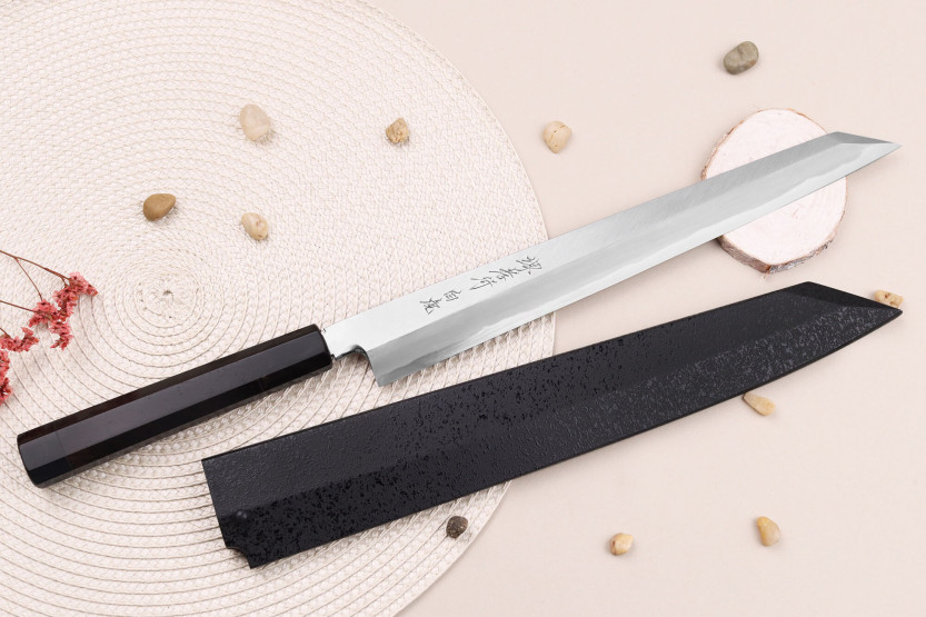 Sakai Takayuki Byakko 30 cm håndlaget japansk Yanagiba-kniv kiritsuke kniv ibenholt håndtak + slire