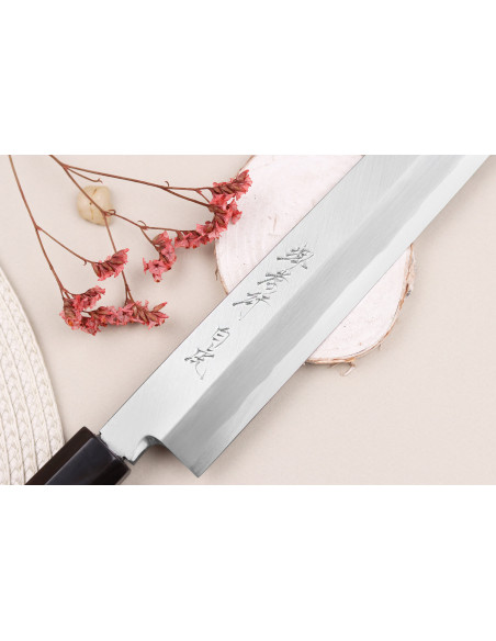 Sakai Takayuki Byakko 33cm Faca yanagiba japonesa Faca yanagiba artesanal cabo em ébano + bainha