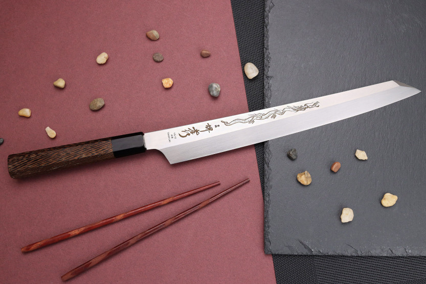 Faca yanagiba kiritsuke 30cm japonês artesanal Sakai Takayuki Honyaki Shoryu VG10