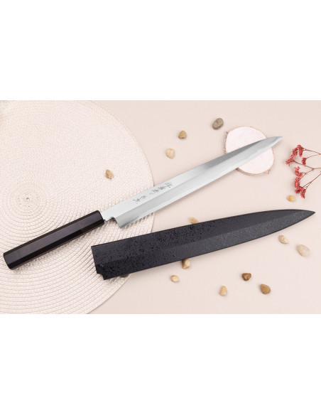 Sakai Takayuki Byakko 30 cm håndlaget japansk Yanagiba-kniv i ibenholt + slire