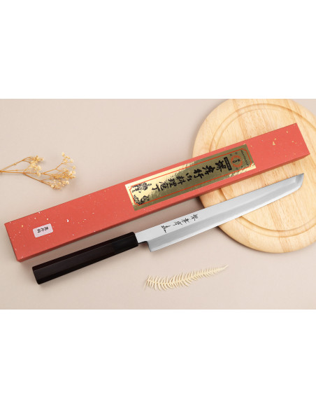 Faca Takohiki sakimaru 27cm Sakai Takayuki Ginsankou faca artesanal japonesa