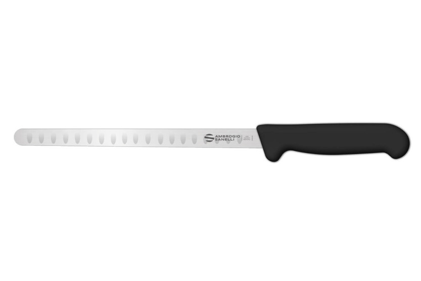 Cuchillo salmonero profesional Ambrogio Sanelli Supra con borde granton negro
