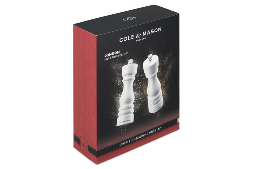 Cole & Mason London white gloss salt and pepper mill set 18cm