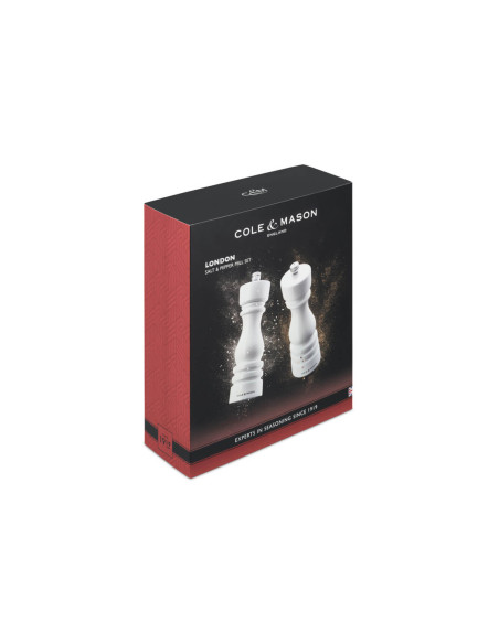 Cole & Mason London valkoinen kiiltävä suola- ja pippurimyllysarja 18cm