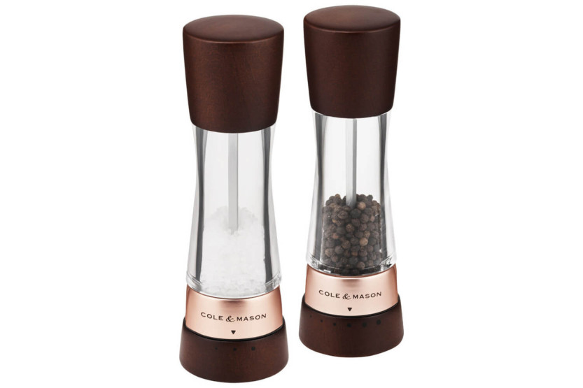 Cole & Mason Derwent chestnut gold rose salt and pepper mill set 19cm