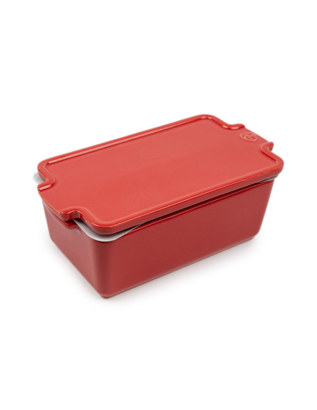 Sopera de cerámica roja Peugeot con prensa