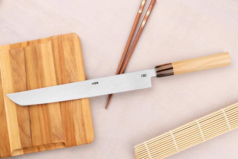 Couteau sakimaru takohiki japonais artisanal Yoshihiro Hongasumi Hvid 2 stål 27cm
