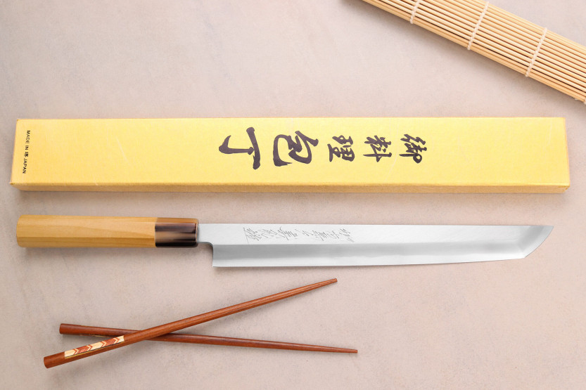Couteau sakimaru takohiki japonais artisanal Yoshihiro Hongasumi Hvid 2 stål 27cm