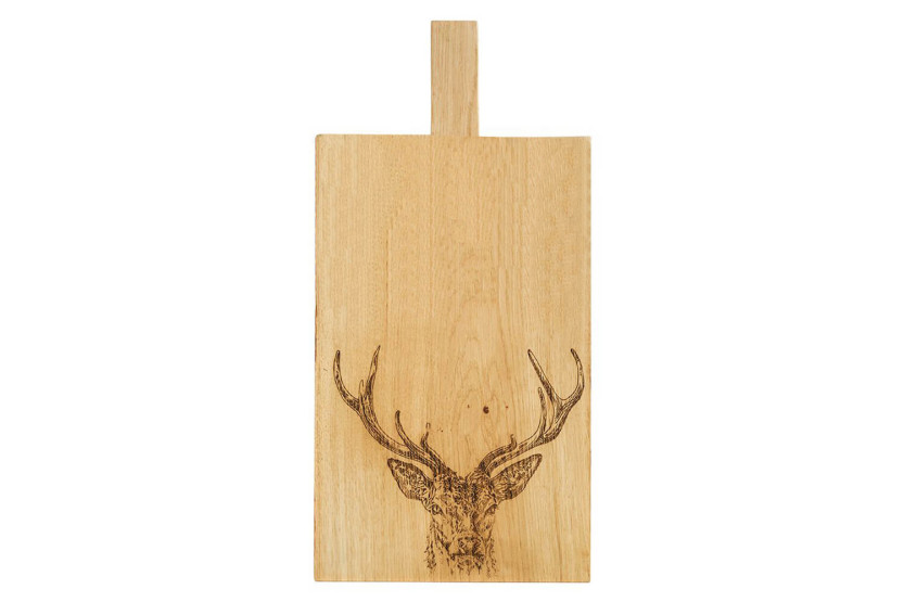 Selbrae House serveringsbrett i eik 50x25x2cm med håndtak - hjortemotiv