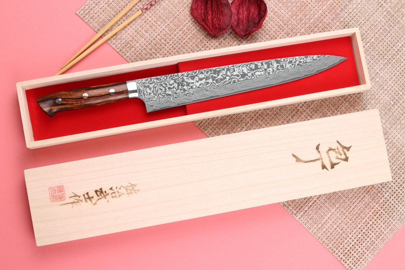 Japanisches Sujihiki-Messer Takeshi Saji R2 Damast Mosaik 27cm