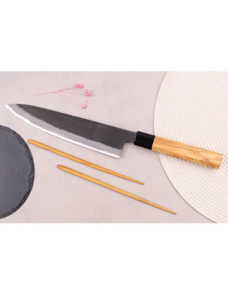 24cm Hinoura Mutsumi Ajikataya Negro Nashiji Cuchillo de cocinero japonés hecho a mano