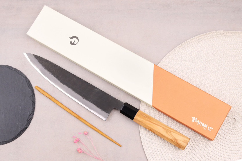 Kokkekniv 24 cm Hinoura Mutsumi Ajikataya Sort Nashiji japansk håndlavet