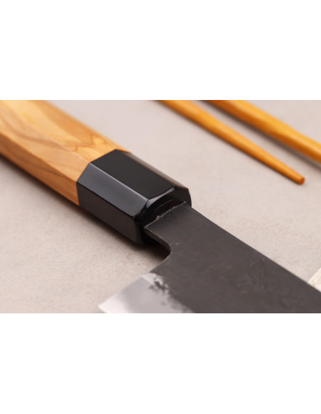 24cm Hinoura Mutsumi Ajikataya Negro Nashiji Cuchillo de cocinero japonés hecho a mano
