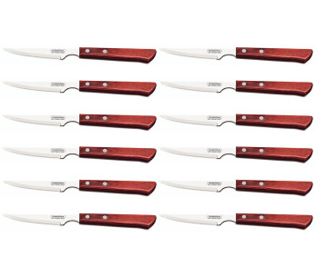 Set van 12 Tramontina steakmessen, 10 cm gekarteld lemmet, rood handvat