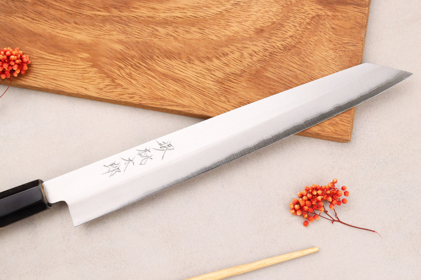 Momotaro Ginsan 24cm sujihiki kiritsuke japans handgemaakt mes magnolia handvat