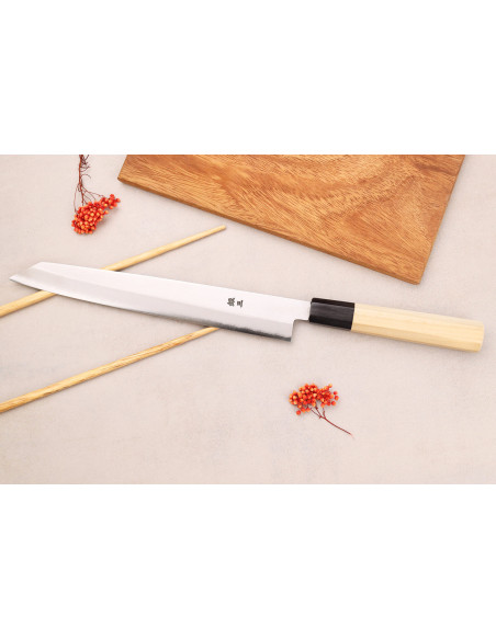 Momotaro Ginsan 24cm sujihiki kiritsuke japanilainen käsintehty veitsi magnolia kahva