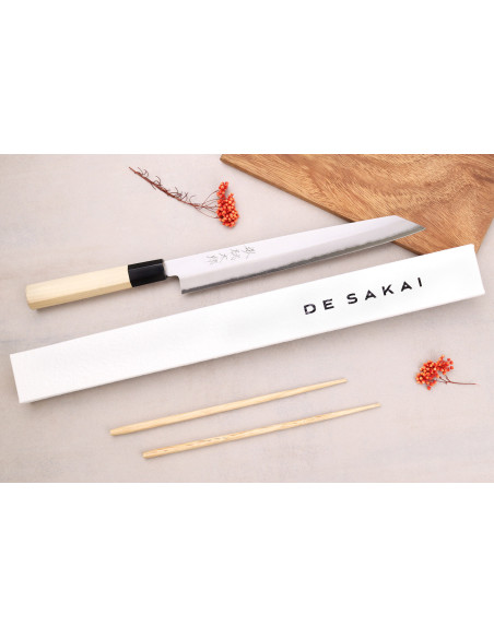 Momotaro Ginsan 24 cm sujihiki kiritsuke japansk håndlavet kniv med magnolia-håndtag