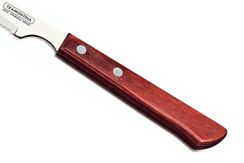 Juego de 12 cuchillos Tramontina para bistec, hoja dentada de 10 cm, mango rojo