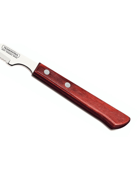 Sett med 12 Tramontina biffkniver, 10 cm takket blad, rødt skaft