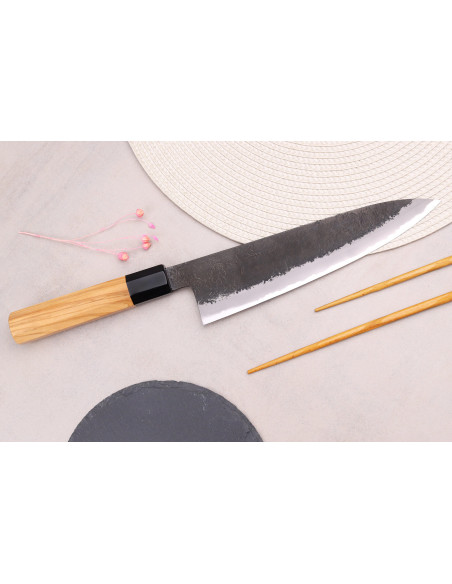 21 cm Hinoura Mutsumi Ajikataya Sort Nashiji Japansk håndlavet kokkekniv