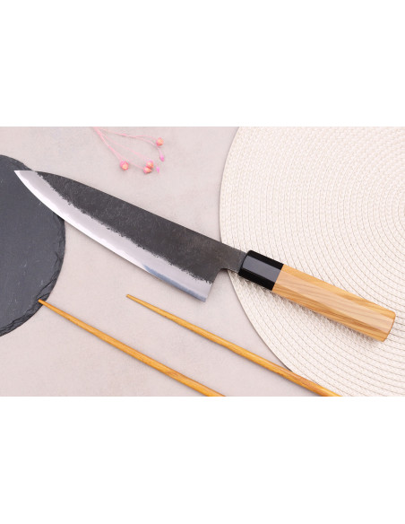 21 cm Hinoura Mutsumi Ajikataya Sort Nashiji Japansk håndlavet kokkekniv