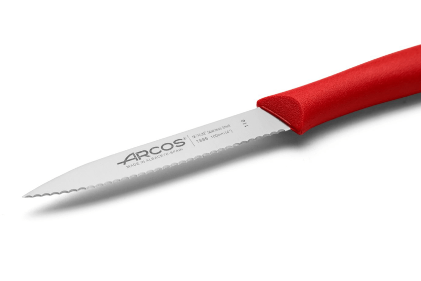 Arcos Nova Spickmesser mit gezahnter Klinge aus Nitrum-Stahl roter Griff 10cm