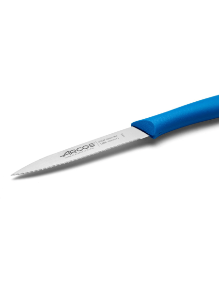 Arcos Nova-skærekniv med savtakket blad i Nitrum-stål, blåt skaft, 10 cm