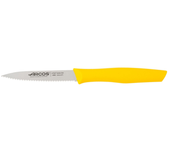 Arcos Nova skalkniv med tandat blad i Nitrum-stål 10cm gult handtag