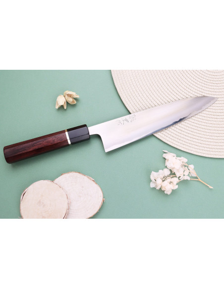 Faca de chef tradicional japonesa polida Toshihiro Wakui Shirogami 2 San Maï de 21 cm