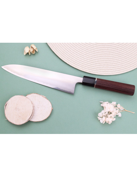 Faca de chef tradicional japonesa polida Toshihiro Wakui Shirogami 2 San Maï de 21 cm