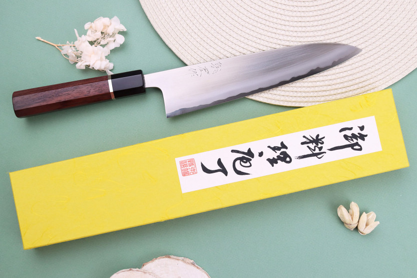 Faca de chef tradicional japonesa polida Toshihiro Wakui Shirogami 2 San Maï de 21 cm