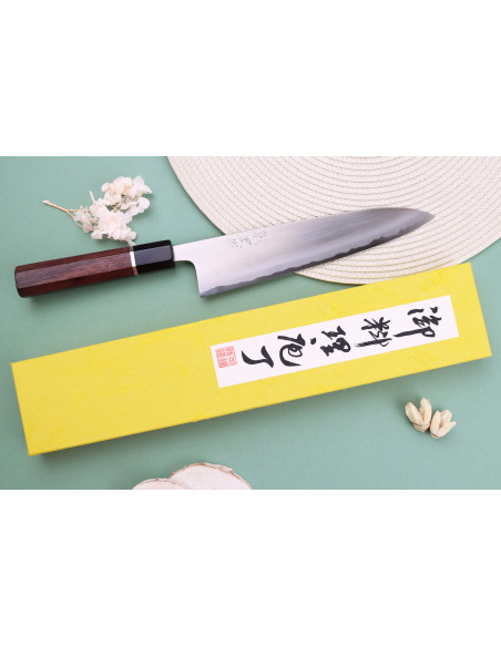 Faca de chef tradicional japonesa polida Toshihiro Wakui Shirogami 2 San Maï de 21 cm