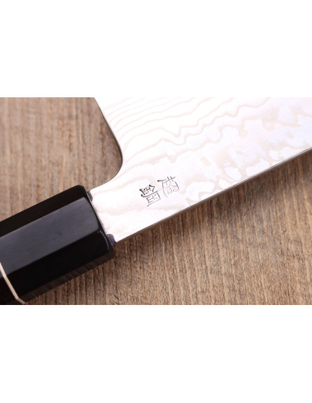 faca santoku de 19,5 cm Sukenari ZDP-189 com cabo de ébano damasco, feita à mão no Japão