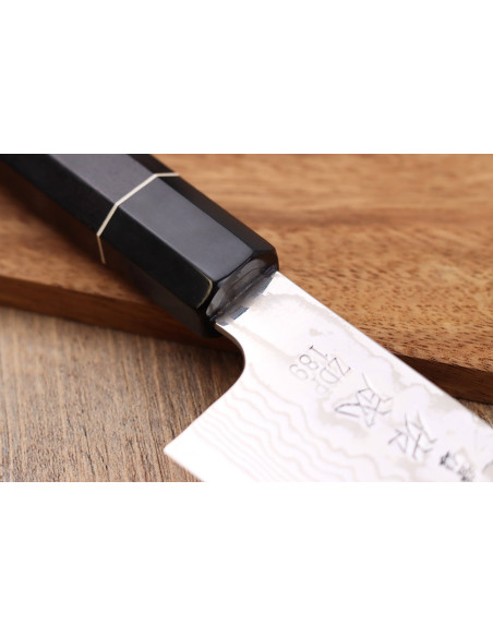 ZDP-189 damasco mango de ébano 19,5cm Cuchillo santoku, japonés hecho a mano, Sukenari