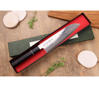 ZDP-189 coltello santoku 19,5 cm con manico in ebano damascato, fatto a mano in Giappone, Sukenari 2