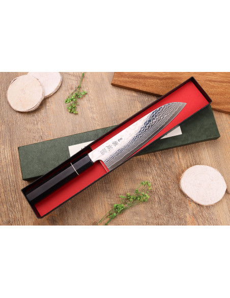 ZDP-189 faca santoku de 19,5 cm com cabo de ébano damasco, feita à mão no Japão, Sukenari