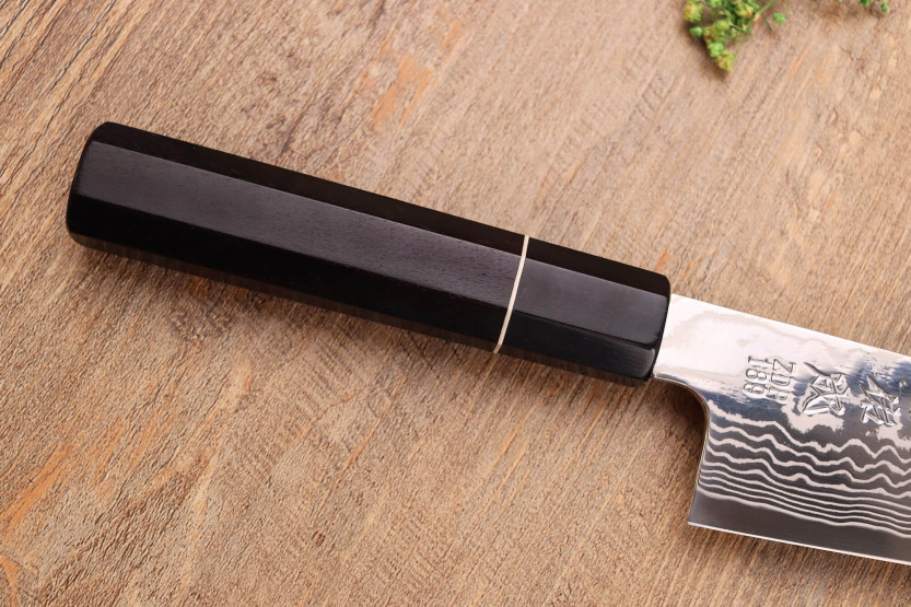 ZDP-189 faca santoku de 19,5 cm com cabo de ébano damasco, feita à mão no Japão, Sukenari