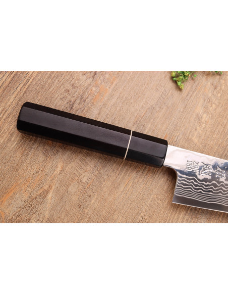 ZDP-189 faca santoku de 19,5 cm com cabo de ébano damasco, feita à mão no Japão, Sukenari