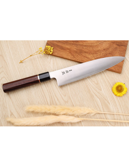 Faca de chef japonesa Sukenari SG2 San Maï de 24 cm, feita à mão, com cabo em pau-rosa
